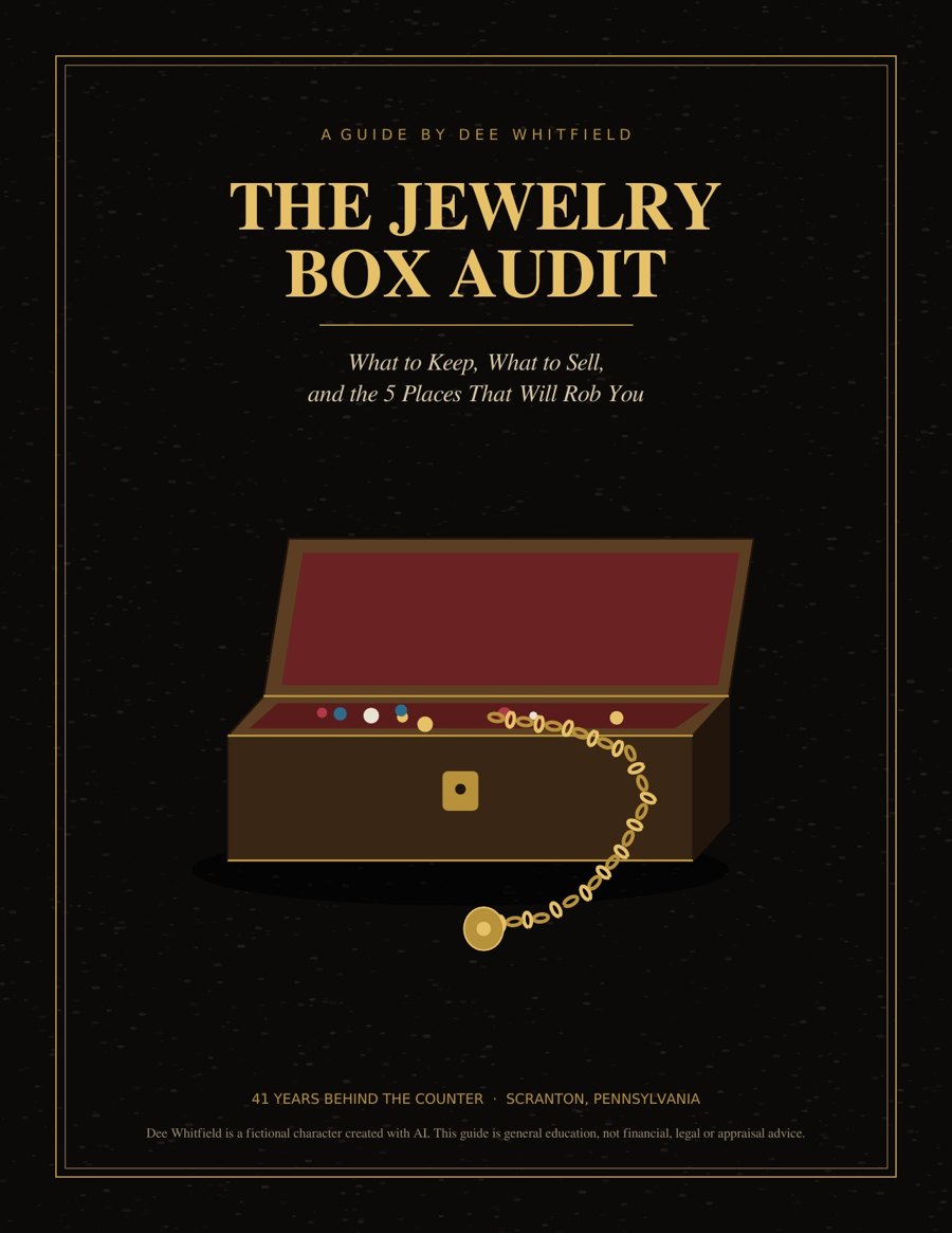 Cover of The Jewelry Box Audit: an open antique jewelry box on black velvet with a gold chain spilling out